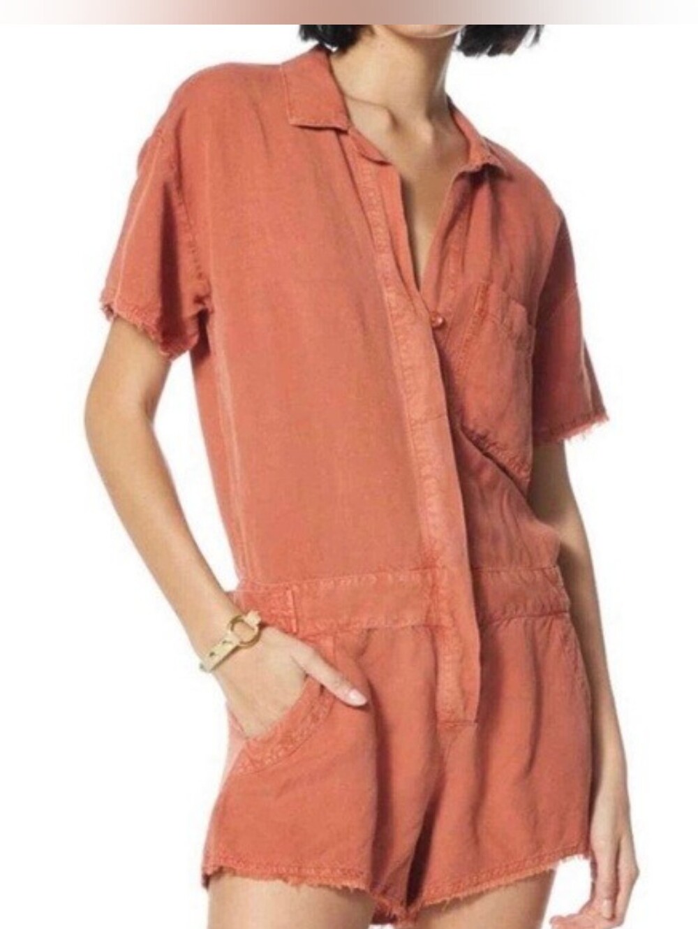 Young Fabulous & Broke Medium "Felix" Linen Blend Utility Romper Paprika